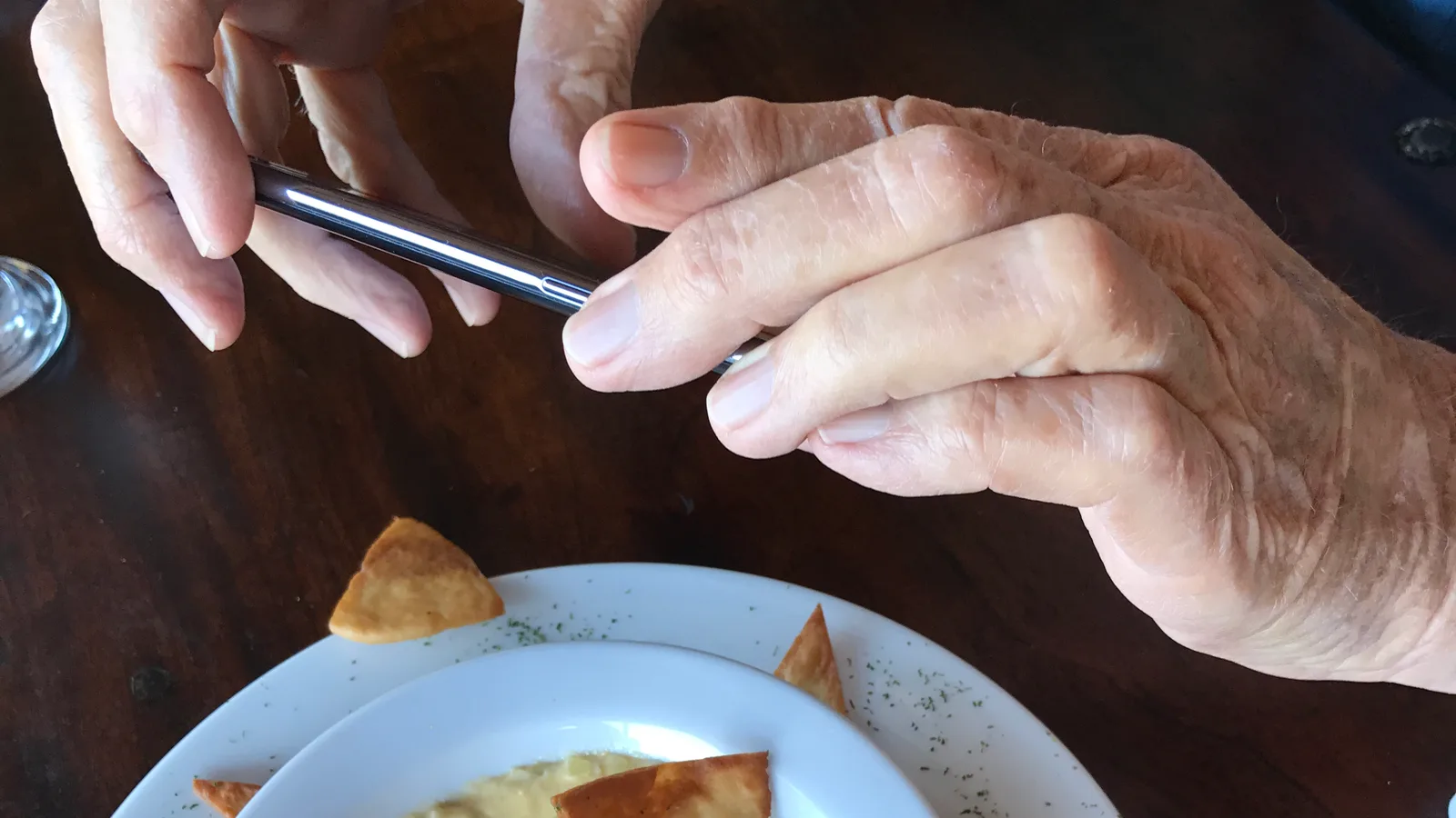 Two hands holding a smartphone above a plate of food to take a picture.