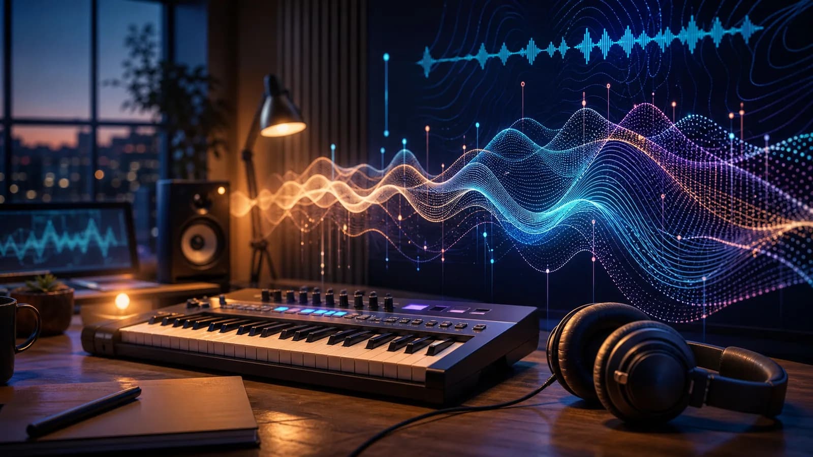 A digital keyboard and headphones sit beneath layered responsive sound waves in a quiet studio.