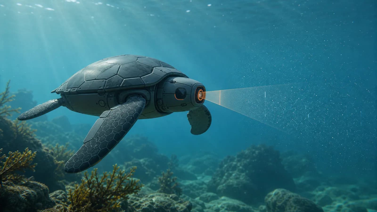 A turtle-shaped underwater robot scans tiny suspended particles in clear coastal water.