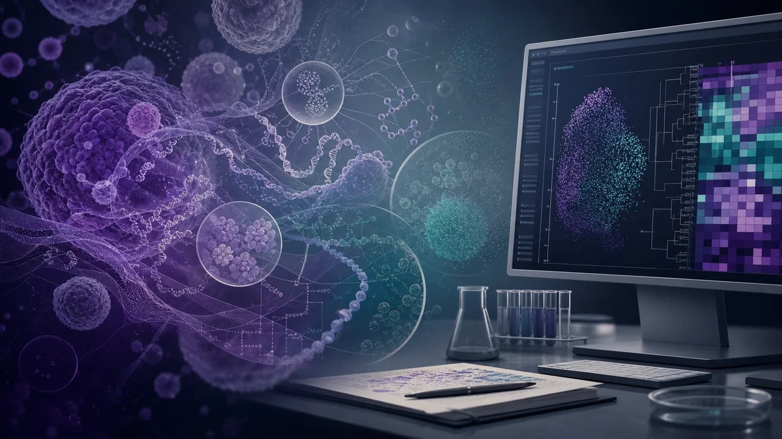 Translucent cell and RNA patterns appear beside a research monitor displaying a coloured data map.