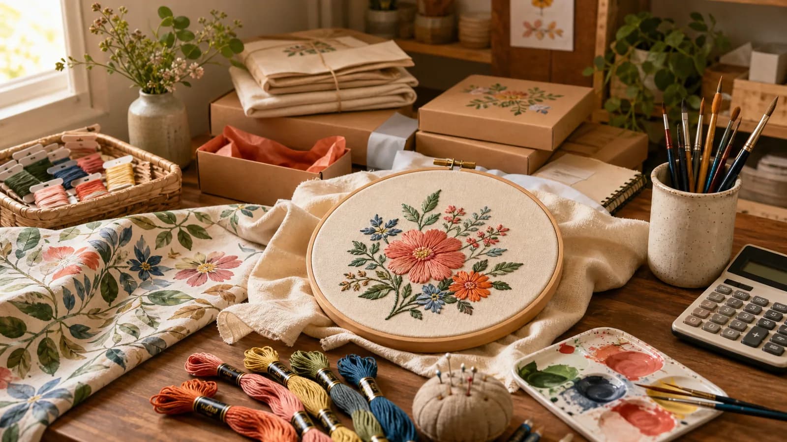 An embroidered floral textile sits among threads, paintbrushes, packaging and a calculator on a craft worktable.
