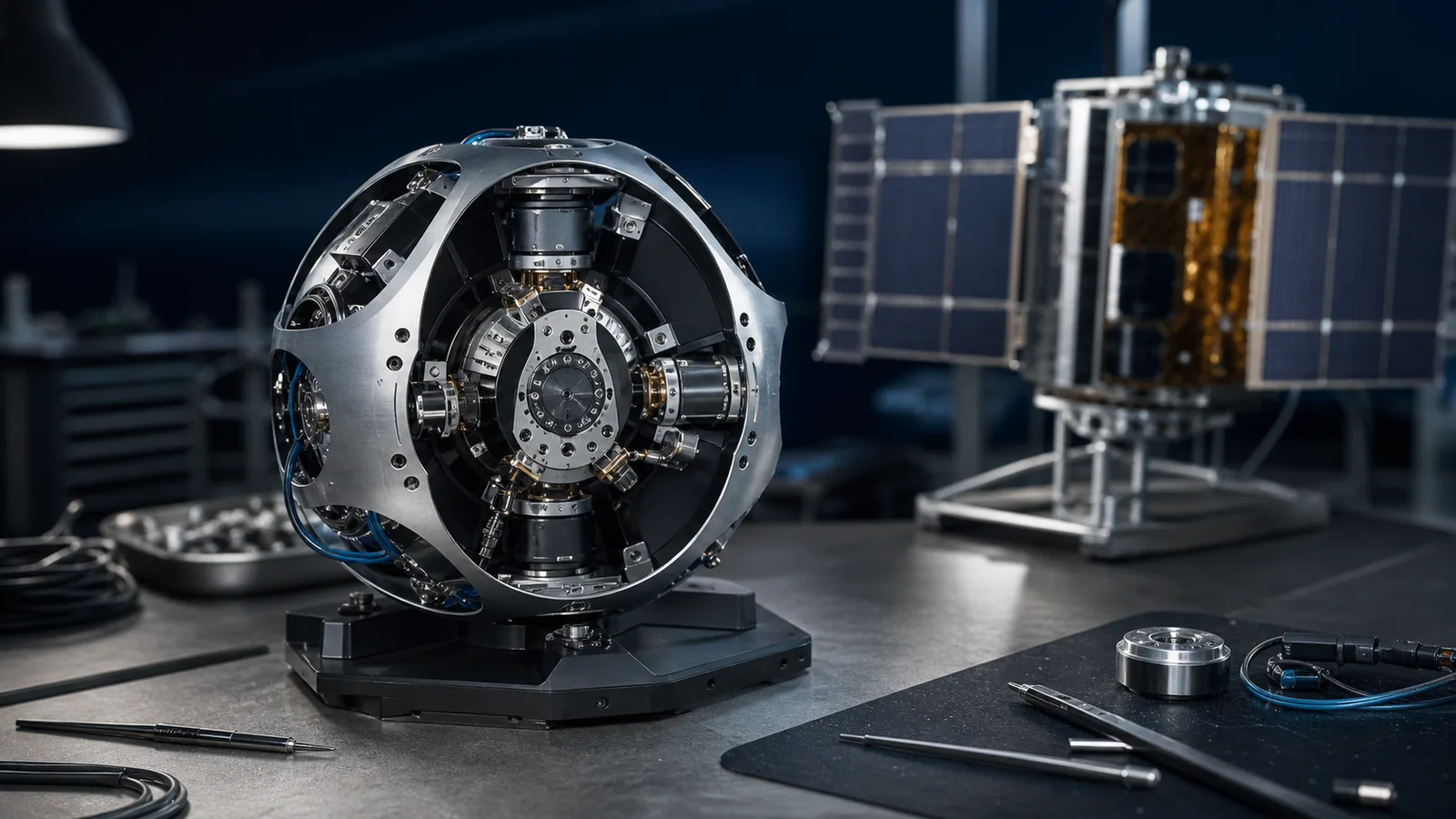 A compact spherical mechanical actuator sits on an engineering bench with a small satellite model behind it.