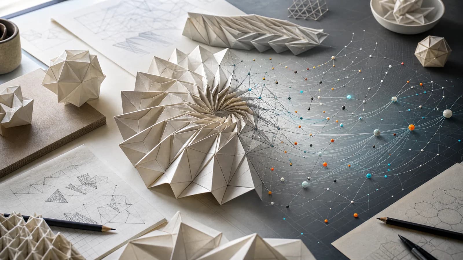 Folded paper mechanisms spread across a workbench into a field of connected simulation paths.
