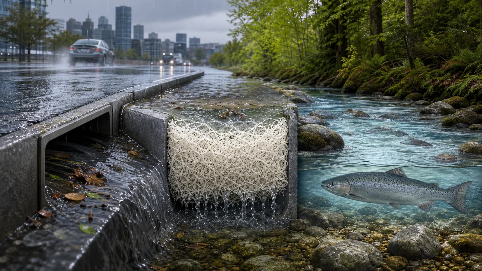 Rainwater flows from a city road through a pale fibrous filter toward a clear salmon stream.