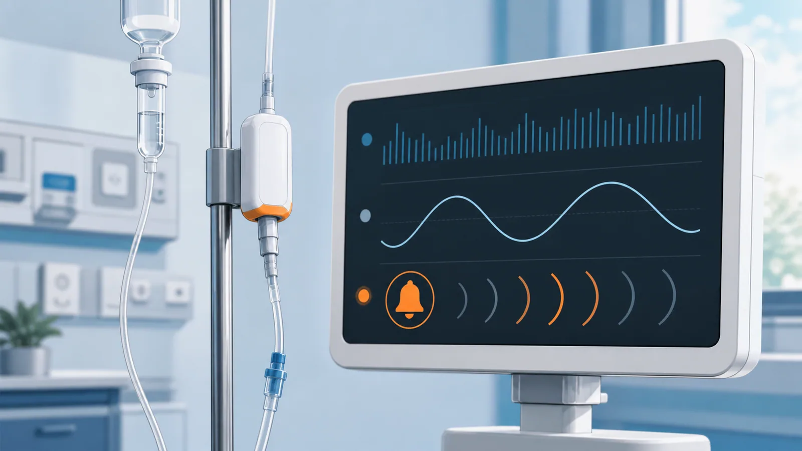 An intravenous line and pressure sensor stand beside a monitor showing a small set of signal waves.