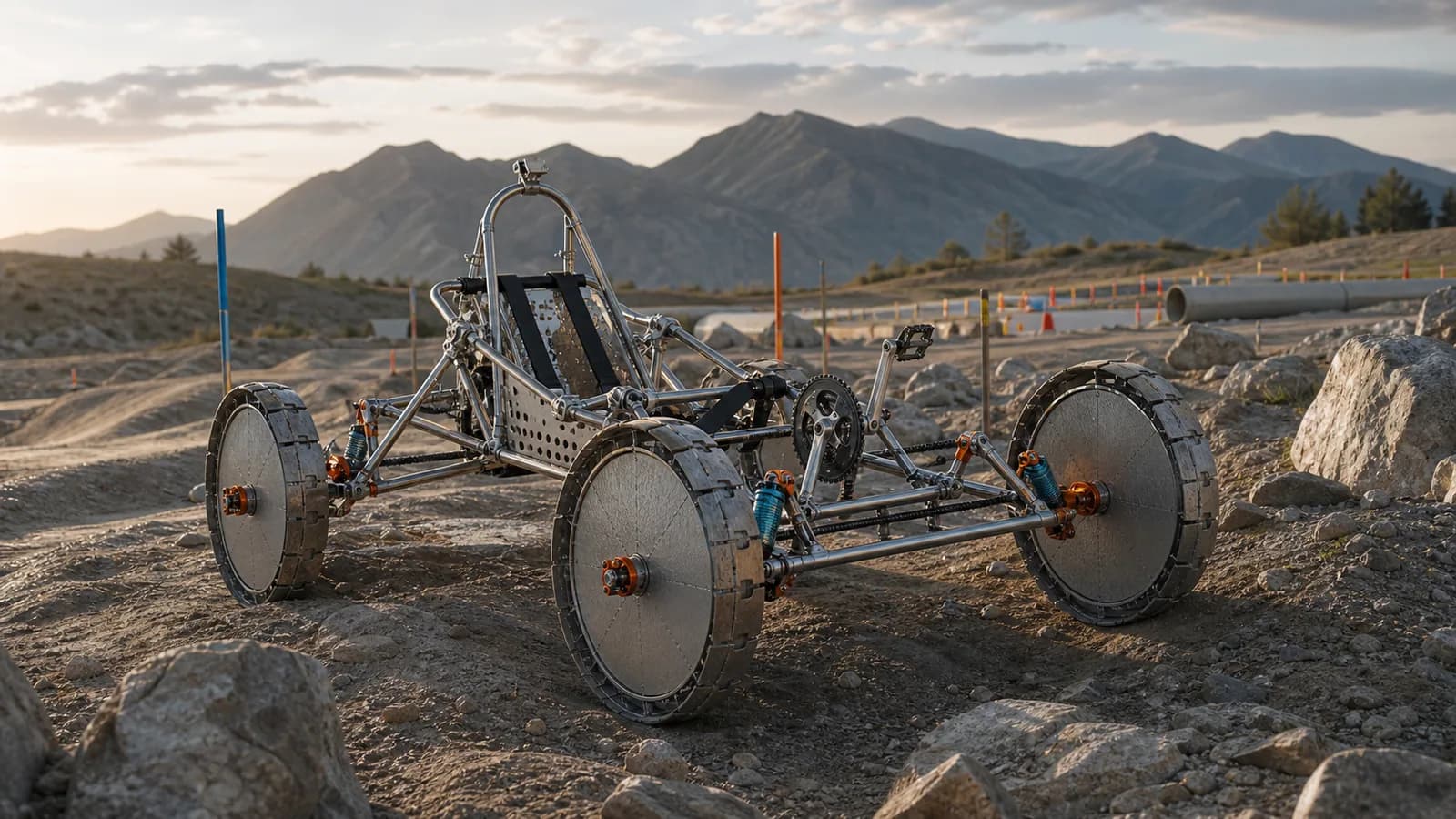 A lightweight four-wheel pedal rover stands on a rugged outdoor engineering test course.