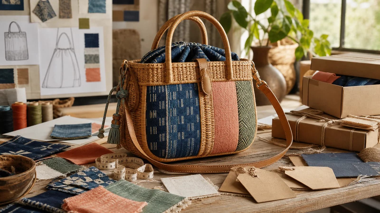 A woven rattan handbag with reclaimed textile panels sits among fabric samples and packaging on a workshop table.